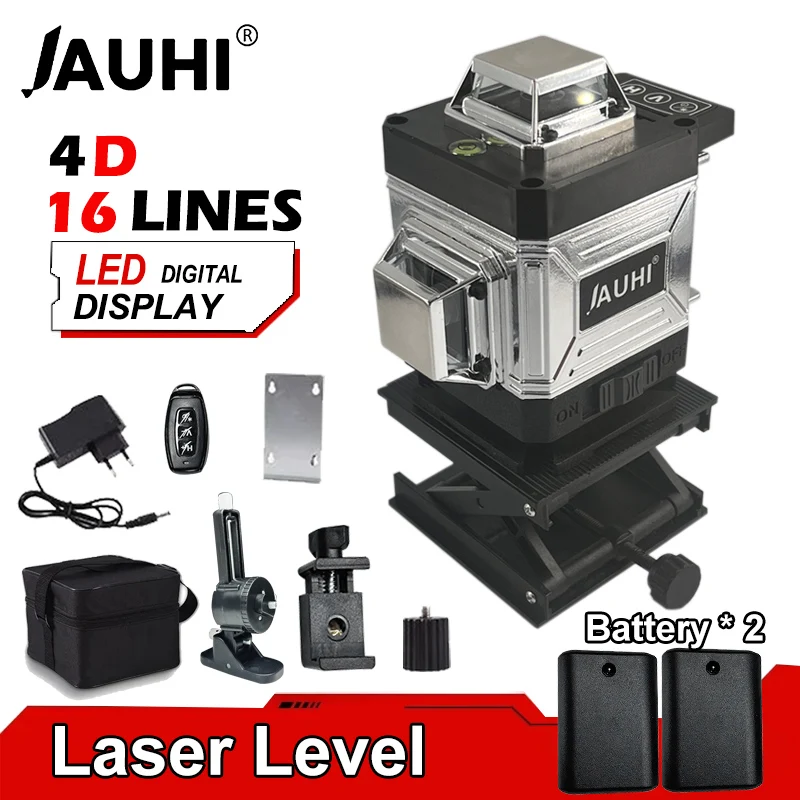 JAUHI 16 Lines 4D Laser Level Self-Leveling 360 Horizontal And Vertical Cross Super Powerful Green Laser Level With 2 Battery