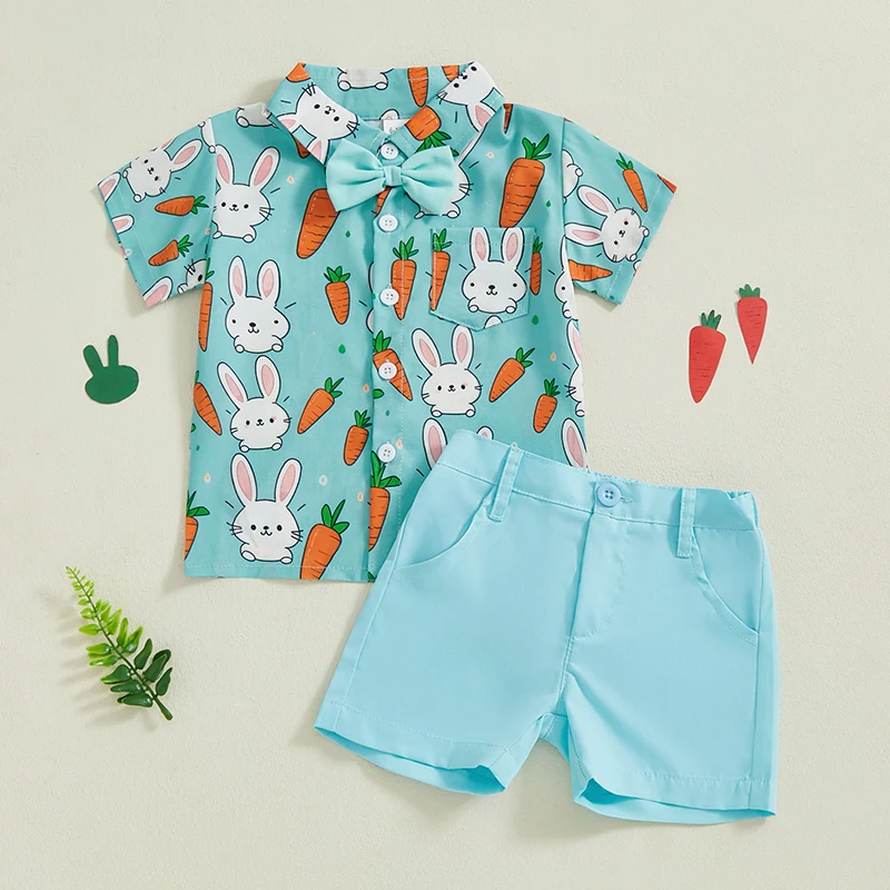 Baby Toddler Boys Easter Outfits Rabbit Carrot Short Sleeve Button-up Shirts Solid Color Casual Shorts 2 Pcs Summer Set