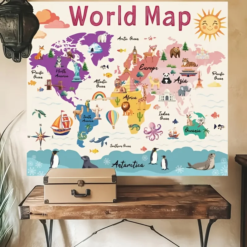 Tapisserie de carte du monde VIKAMA avec animaux et monuments, art mural géographique éducatif pour la salle de classe, la chambre à coucher, la décoration de la crèche