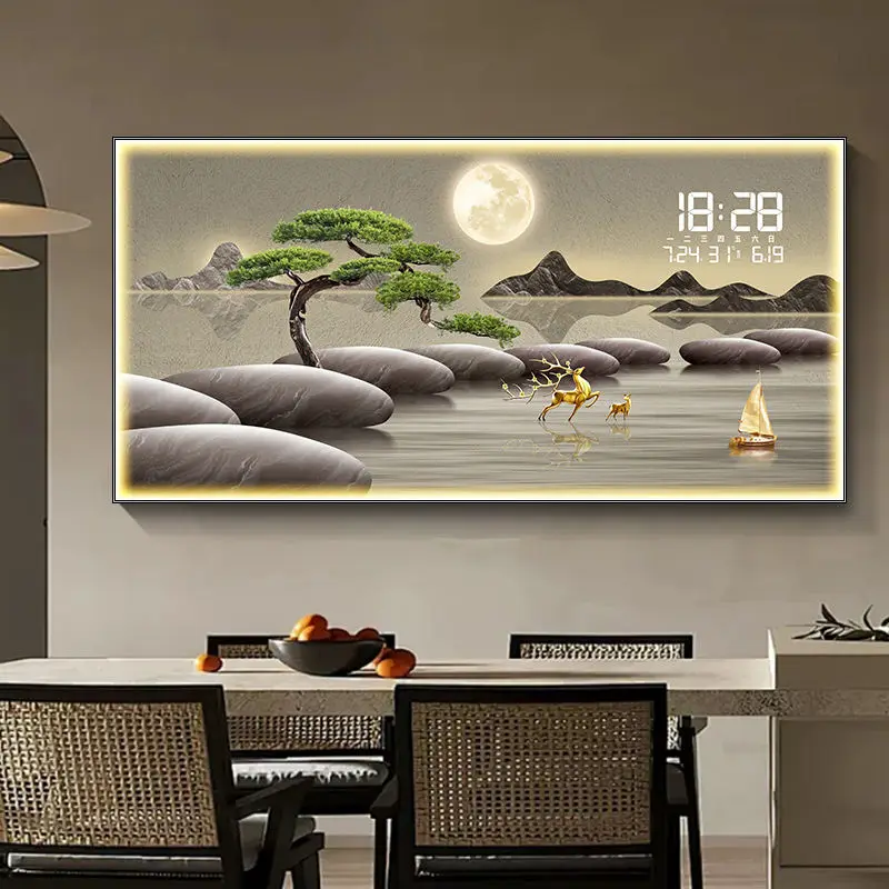 LED Crystal Porcelain Painting Wall Art Digital Clock Landscape Diamond Art Frame For Restaurant Decoration Canvas Support Base - view 4