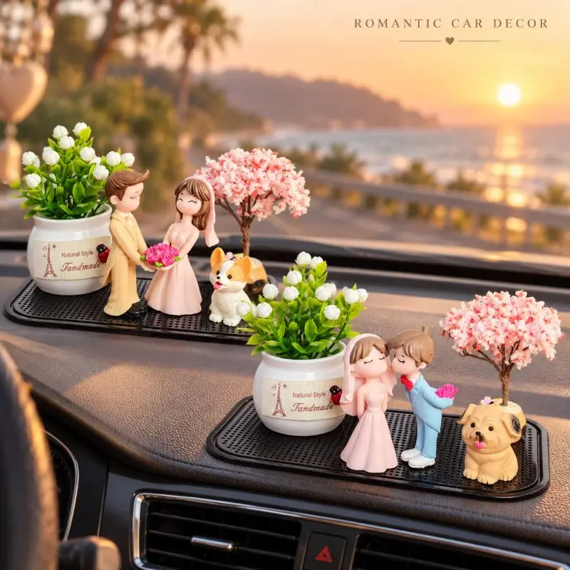 Romantic Wedding Couple Car Dashboard Decoration Set Resin PVC Figurine Auto Interior Ornament Gift Free PE Stick