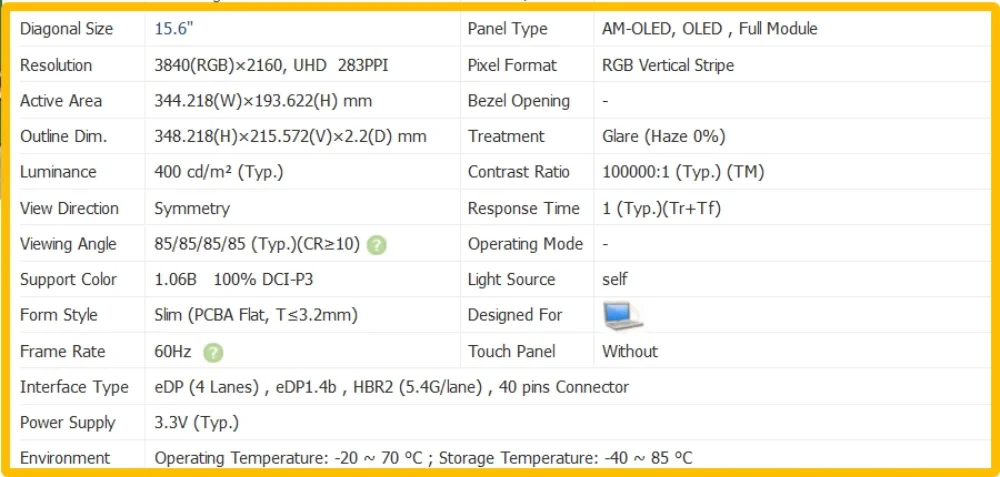 ATNA56WR01-002 15.6 inch No-touch Laptp Display OLED Screen Slim IPS Panel AMOLED 4K UHD 3840x2160 EDP 40pins 60Hz