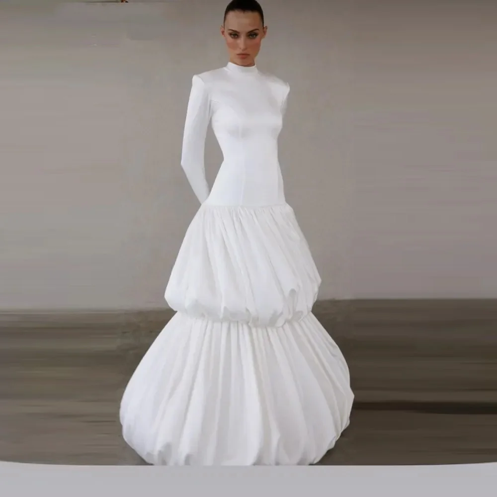 Nuevos vestidos largos escalonados blancos de alta costura, vestido de fiesta largo de manga larga con volantes, vestidos de fiesta fruncidos de línea A hechos a medida