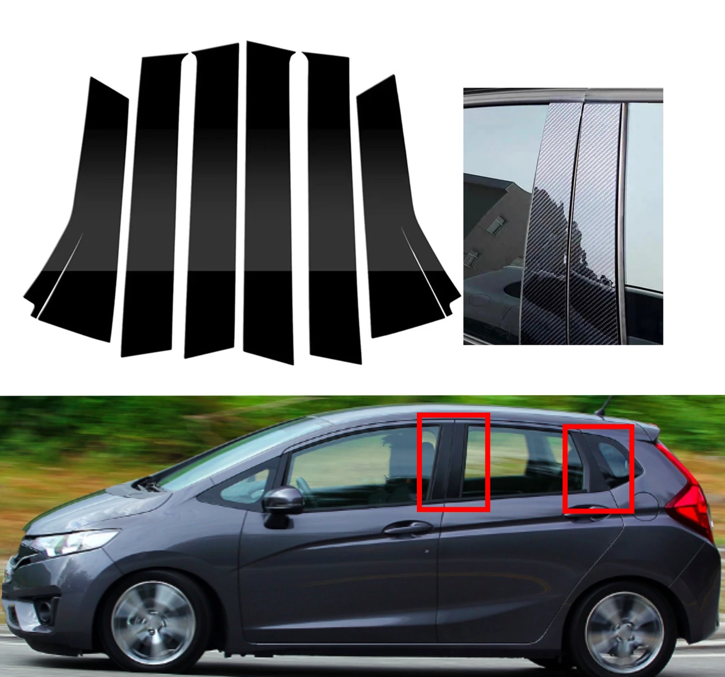 

6Pcs Glossy Silver Carbon Black Pillar Posts For Honda Fit/Jazz 2014-2020 2019 2018 2017 2016 2015 Door Side Window Decor Cover