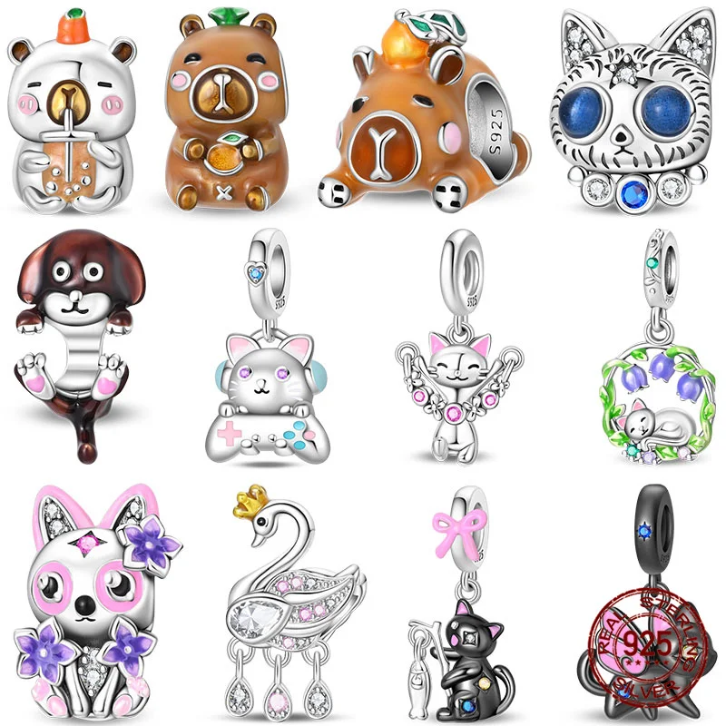 

Original 100% 925 Sterling Silver White Swan Beaded Cat Series Charms Fit Original 925 Bracelet DIY Jewelry Making Women's Gift
