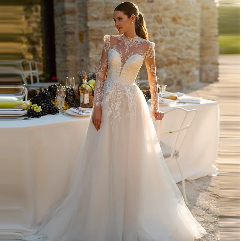 

High-Neck Wedding Dress Graceful Organza With Embroidery A-Line Floor Length Ball Gown Full Sleeve O-Neck Customized Bride Dress