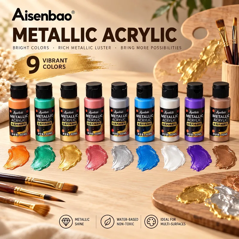 10 Colors Metallic Pearlescent Acrylic Paint Set 60ml Waterproof High Pigment Gold Silver DIY Hand Painting Art Supplies