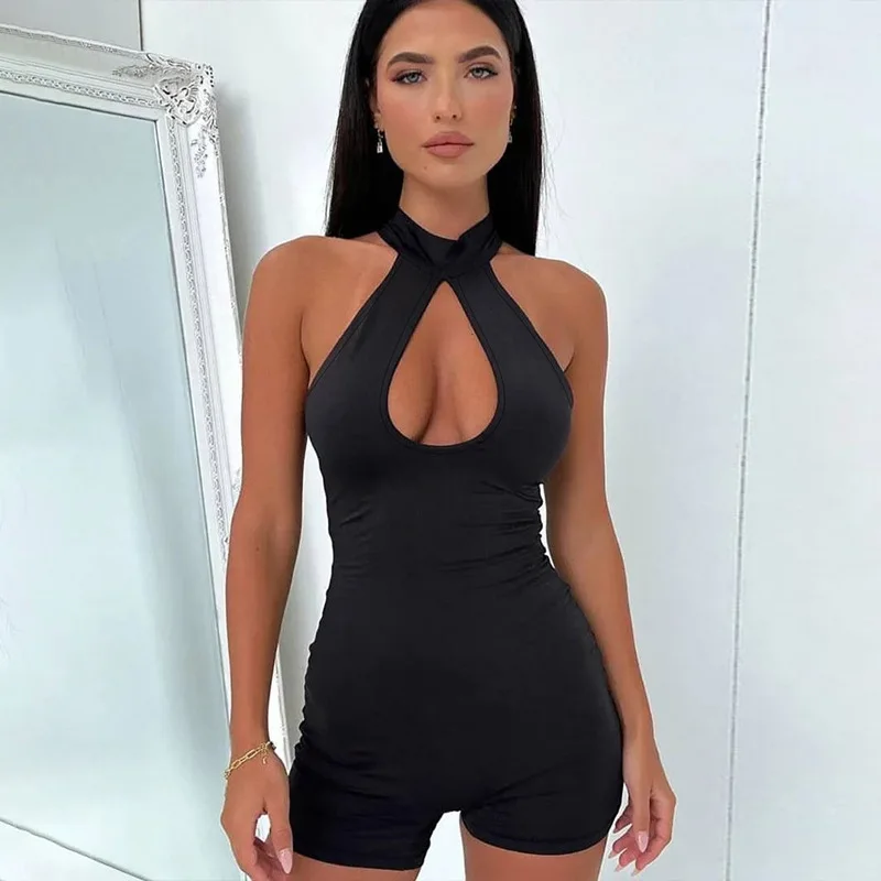 

Fashion Women's Clothing Sexy Street Hollow Tight Zipper Hanging Neck Round Neck Sleeveless Sports Jumpsuit Three Minutes Pant