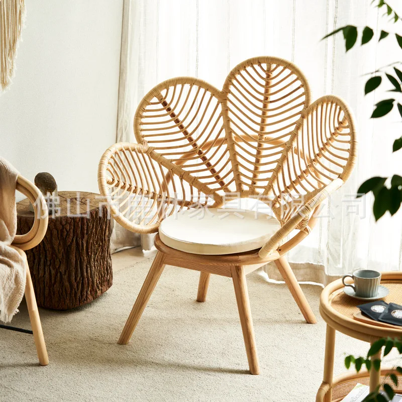 Real rattan woven chair leisure dining chair simple petals Indonesian rattan Nordic desk and chair back armchair photo chair