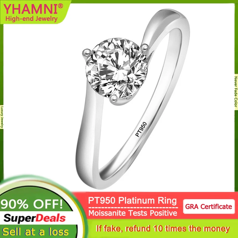 YHAMNI Minimalist Luxury PT950 Platinum Rings Real 1 Carat Diamond Moissanite Engagement Wedding Rings for Women Fine Jewelry