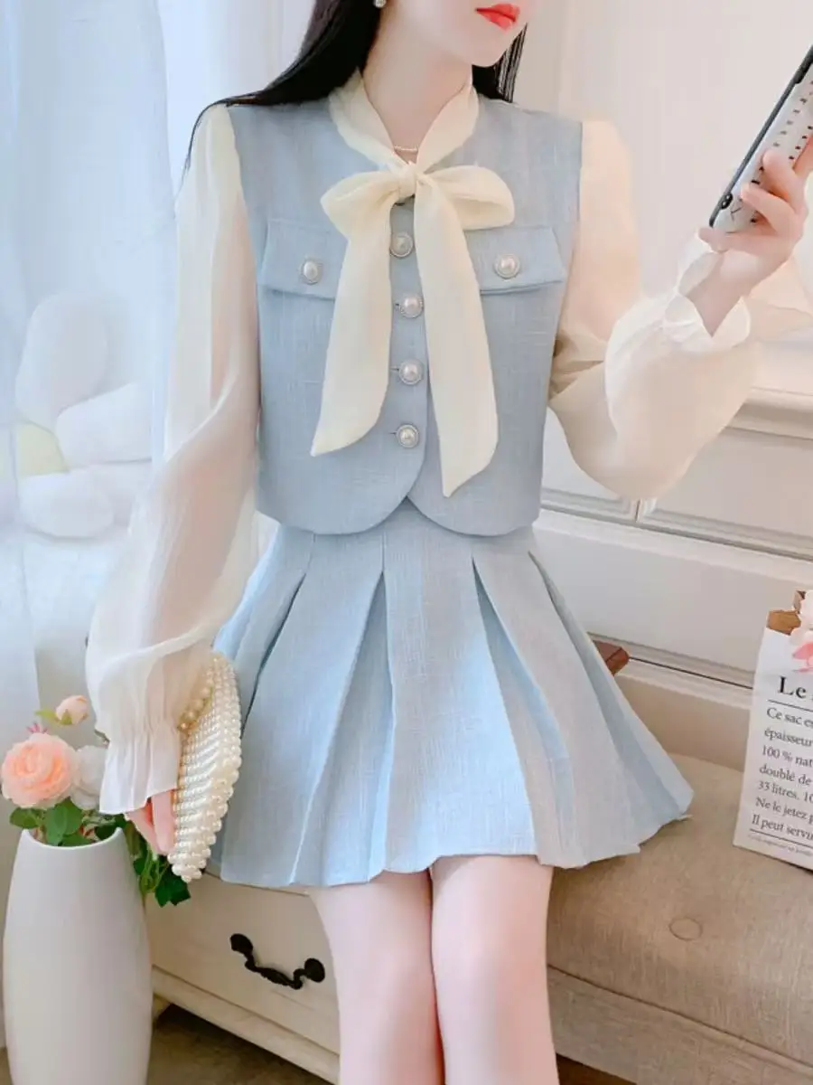 

Autumn Winter New Arrival High Waist Shirt And Short Skirt Set Women's Fashion Elegant Two-Piece Suit Neck Button up Blouse