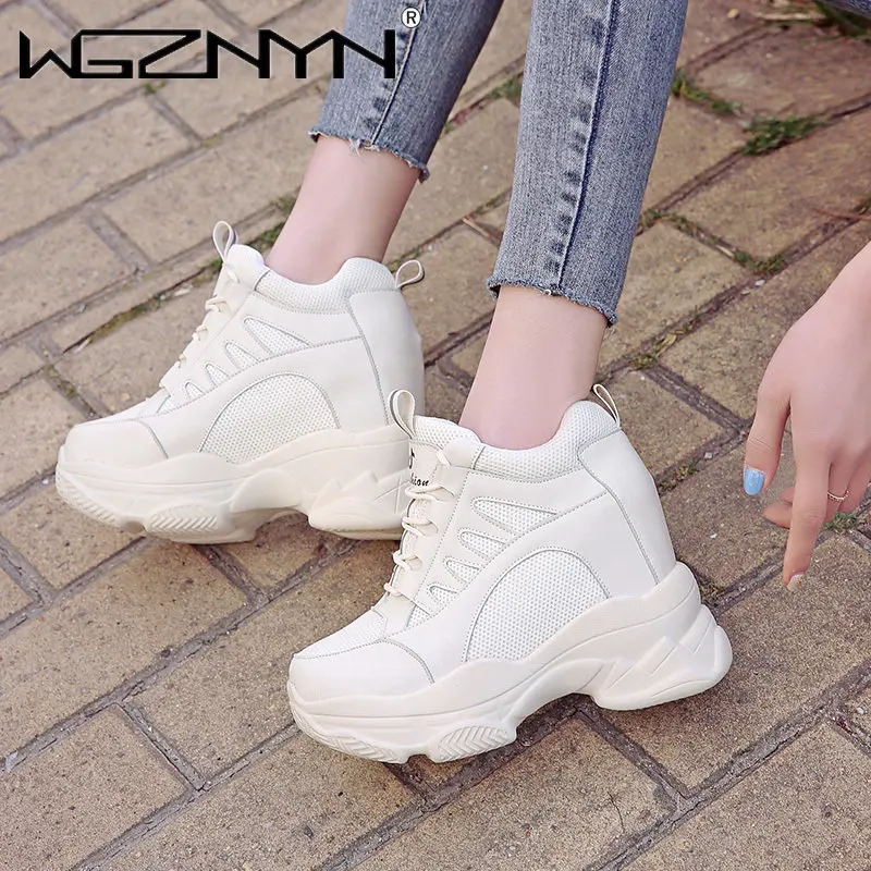 Spring Women Ankle Boots 2023 Fashion Winter Ladies Platform 10cm High Wedges Leather Casual Shoes Woman Chunky Black Sneakers