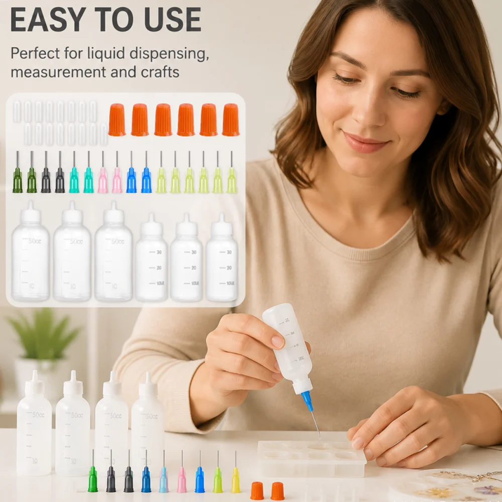 6 Dispensing Bottles + 16 Needles + 16 Needle Protective Covers + 6 Anti-Clogging Caps for Bottle Mouths. Suitable for Glue Application, Laboratory Dispensing, Painting, Crafting, and DIY