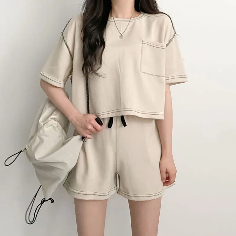 Two Piece Sets For Women O-neck T-shirts+Wide Leg Shorts Casual Tracksuits Solid Color 2024 Summer Female Korean Style Outfits