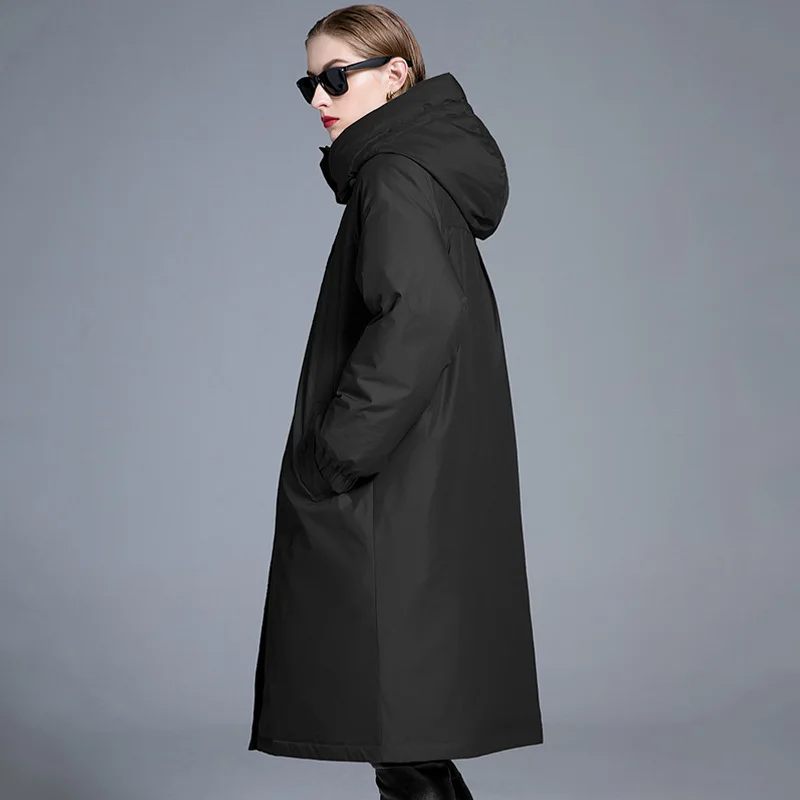 Luxury High Quality 90% White Duck Down Loose-fit Long Hooded Down Jacket for Women New Winter Windproof Warm Coat Trendy New