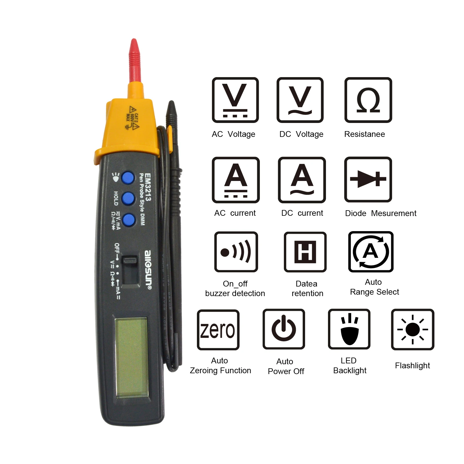 Portable Digital Multimeter Pen Type Volt Ohm Ammeter Auto Range Multi-Function Electric Tester with Flashlight All-sun EM3213