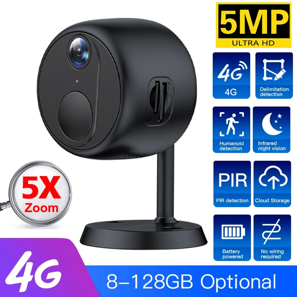 Mini 4G Security Camera 5MP Ultra HD Surveillance Camera 3000mAh Battery Low Power Consumption Intercom CCTV Camera