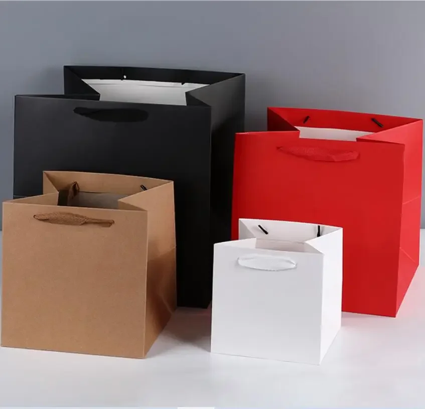 

12pcs Square Paper Bags With Handle Kraft Paper Gift Bag For Cake Flower Packaging Large Storage Paper Bag