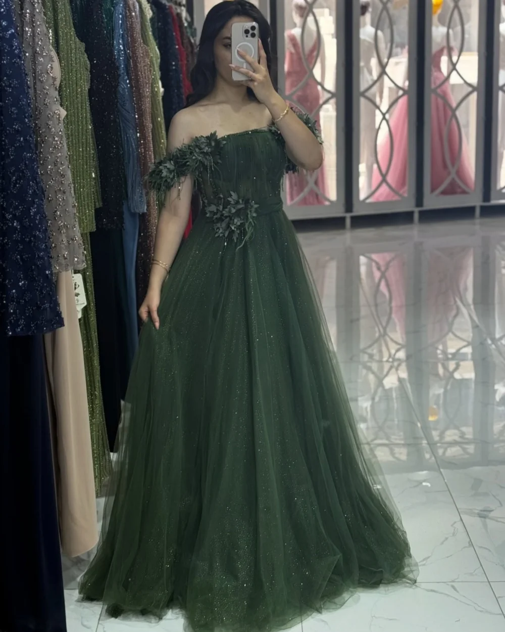 

Customized High Quality Intricate Tulle Handmade Flower Ruched A-line Off-the-shoulder Long Dresses Bespoke Occasion Dresses