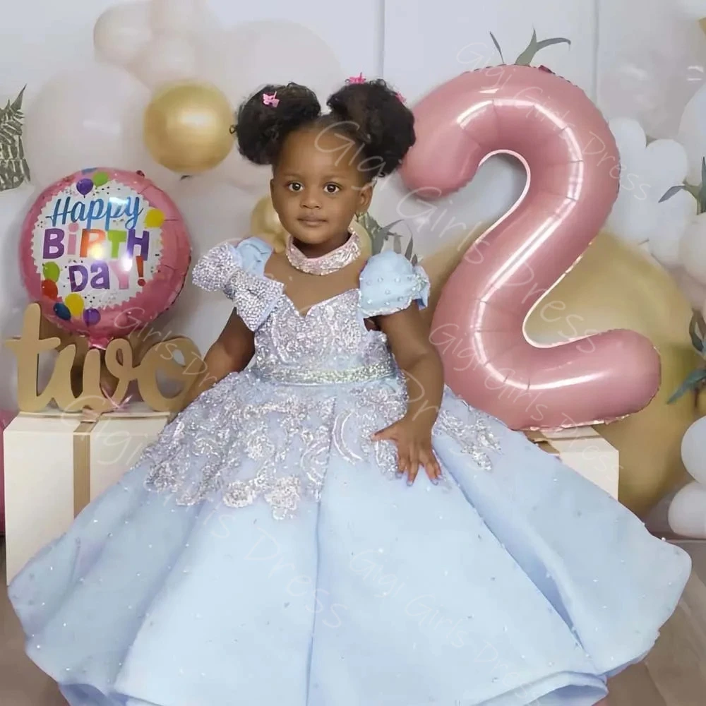 Girls Birthday Dress Glitter Beaded Appliques Ball Gown With Pearls Sheer Neck Cap Sleeves Flower GIrl Dress Custom Party Frock