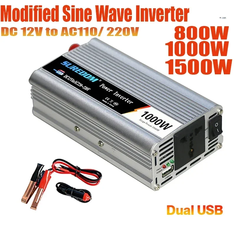 Inversor de Energia de Onda Senoidal Modificada Duplo Usb 800 1000 1500w 12v a 220v 110v Conversor de Carro Solar ao ar Livre Inversor de Energia de Emergência