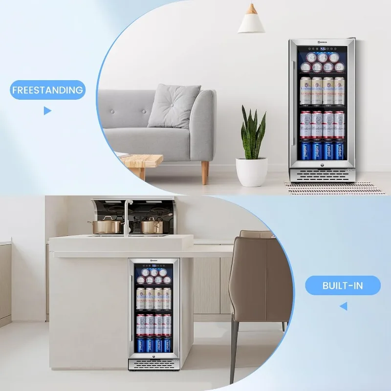 15 inch Beverage Refrigerator with Glass Door 130 Cans Mini Beverage Cooler Under Counter Frestanding Built in Center Garage