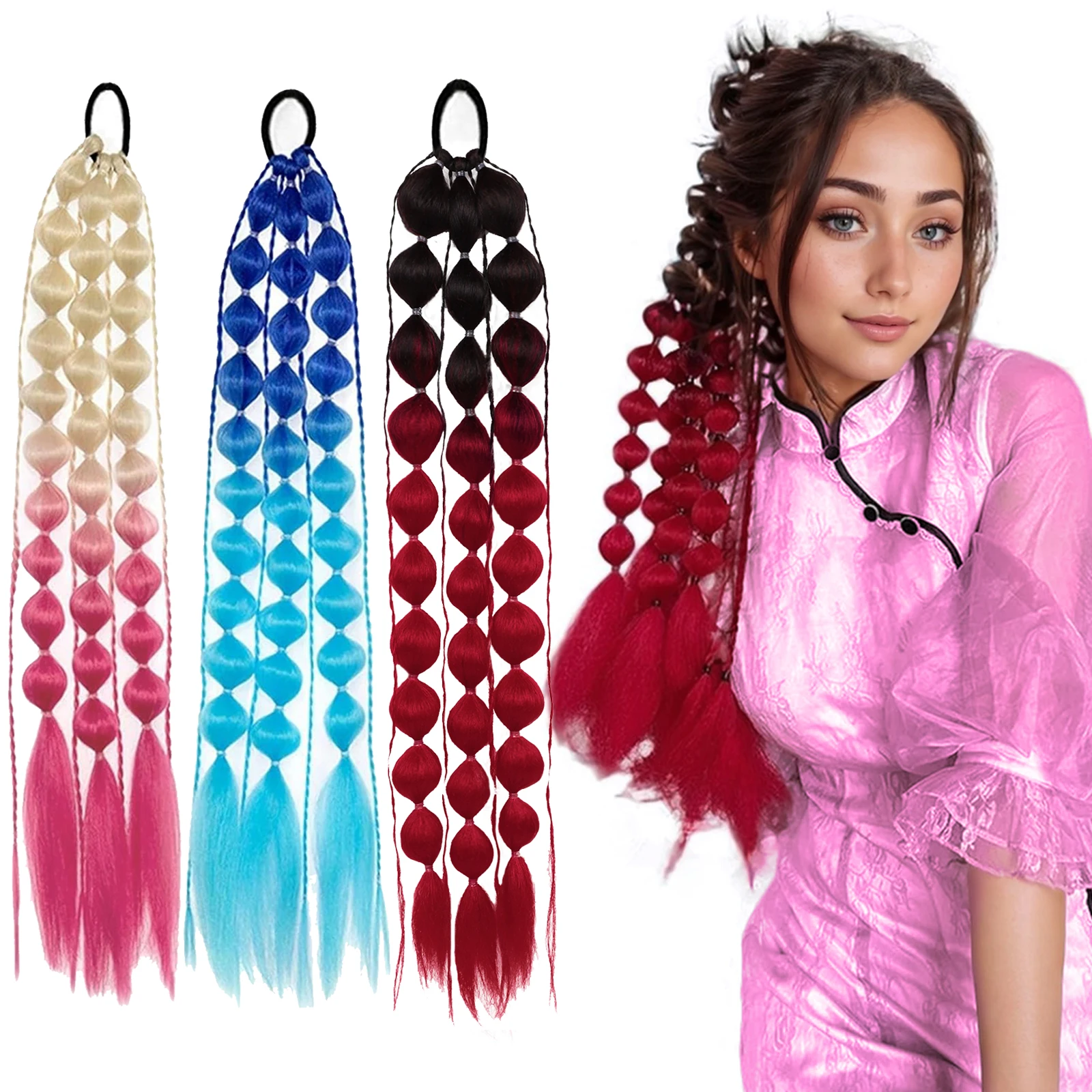 Synthetic 1Pcs Ponytail Extension Corlorful Bubble Braid Long Lantern Braided Ponytail with Hair Tie Straight Hairpieces