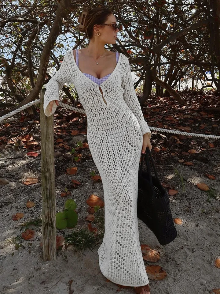 Tossy White Knit Fashion Cover up Maxi Dress Female See-Through V-Neck Hollow Out Beach Holiday