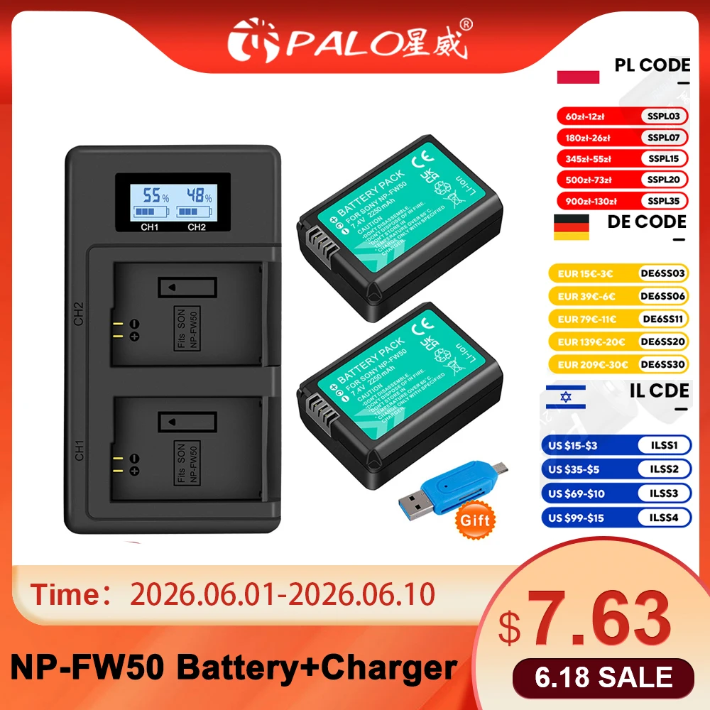 PALO 2250mAh NP-FW50 NP FW50 batería + LCD USB cargador Dual para Sony Alpha A6000 A6400 A6300 A6500 A7 A7II A7RII A7SII A7S A7S2