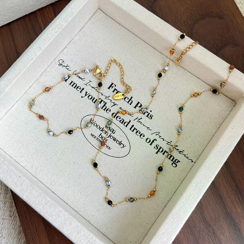 Fashion Retro Natural Stone Splicing Beaded Simple Bracelet Necklace Female Light Luxury Temperament Necklace Bracelet Accessori