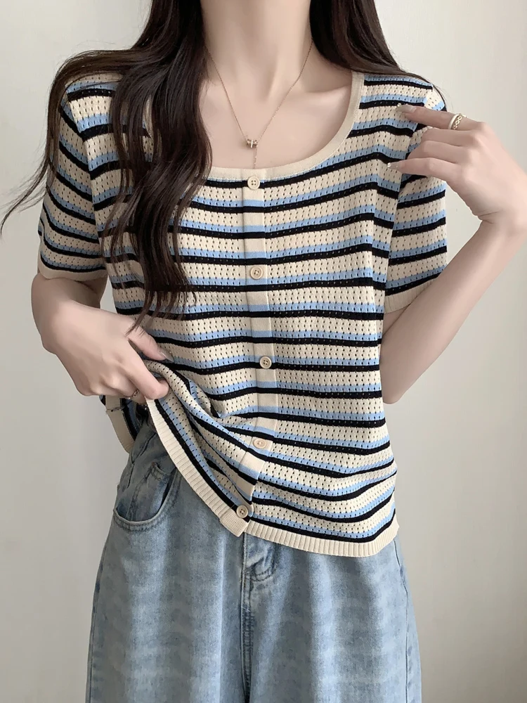 حجم كبير الحرير الجليد شريط تريكو ort Sve فضفاضة تناسب المرأة تي شيرت الكورية Sle تخفيف Faion زر التفاصيل