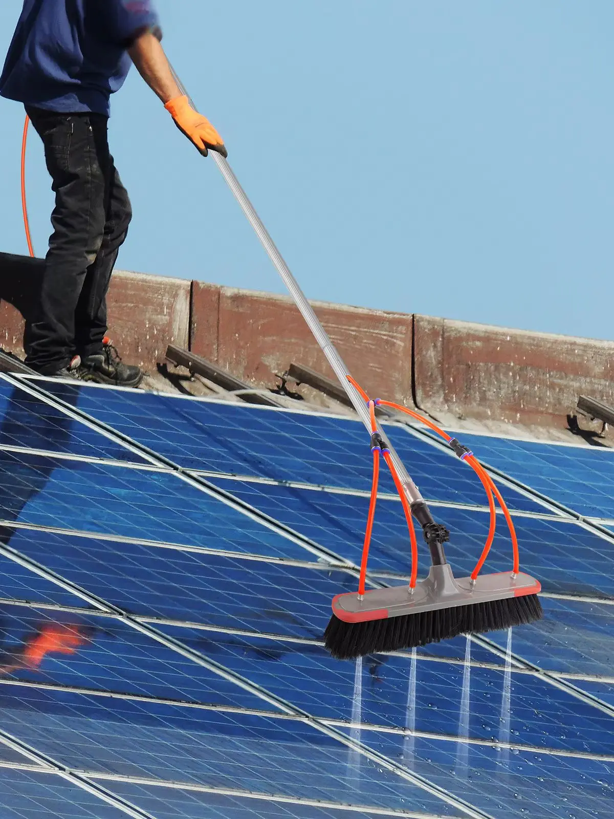 24ft Professionelles Teleskop-Wasser-Federbürsten-Set 7m für Fenster Solarpanel Dachrinne, 180° drehbarer 35cm Bürstenkopf Verstärktes Aluminium für Auto Dach