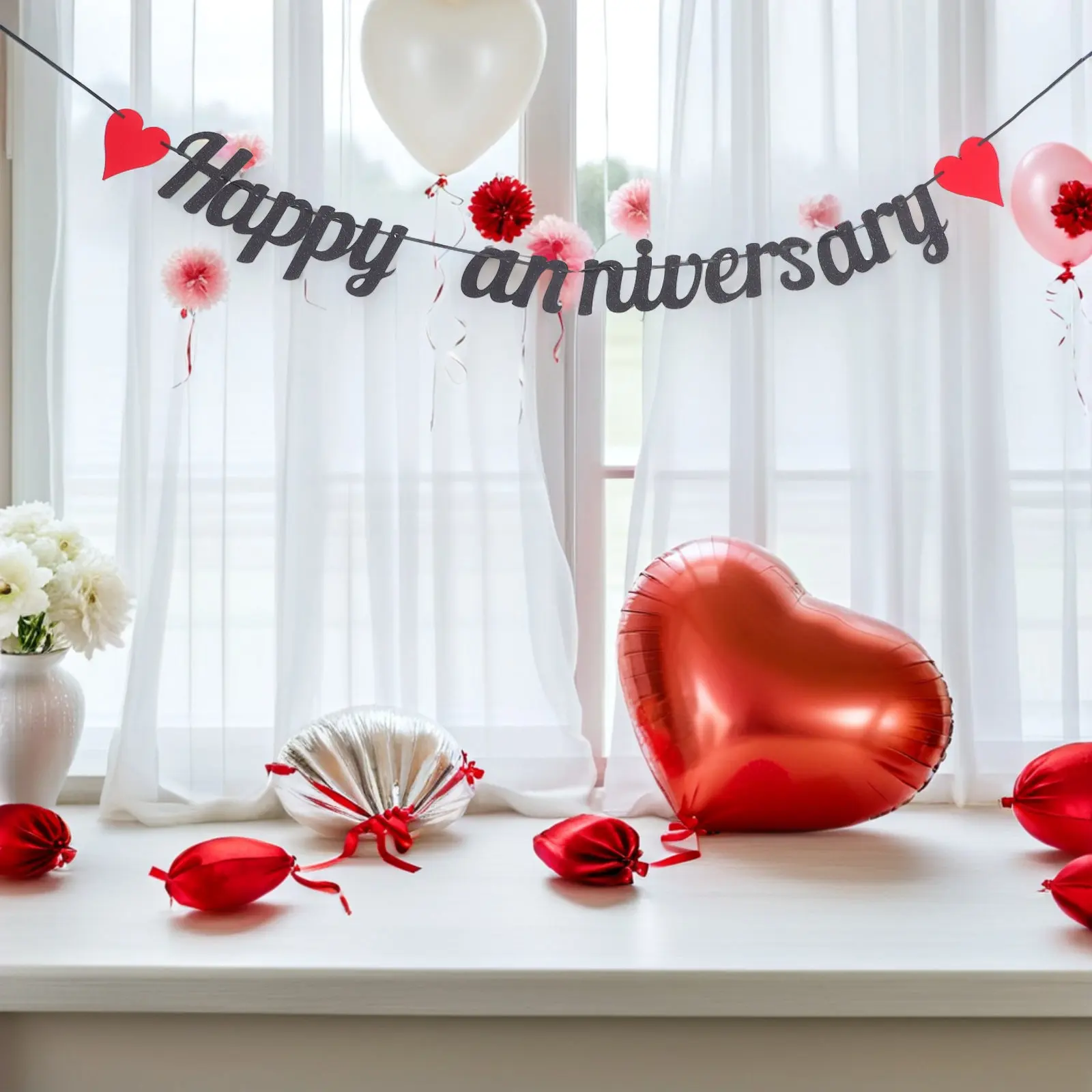 4Pcs Anniversary Banner Set Glitter Happy Anniversary Garland Heart Bunting Romantic Wedding Party Decorations Love Theme view 4