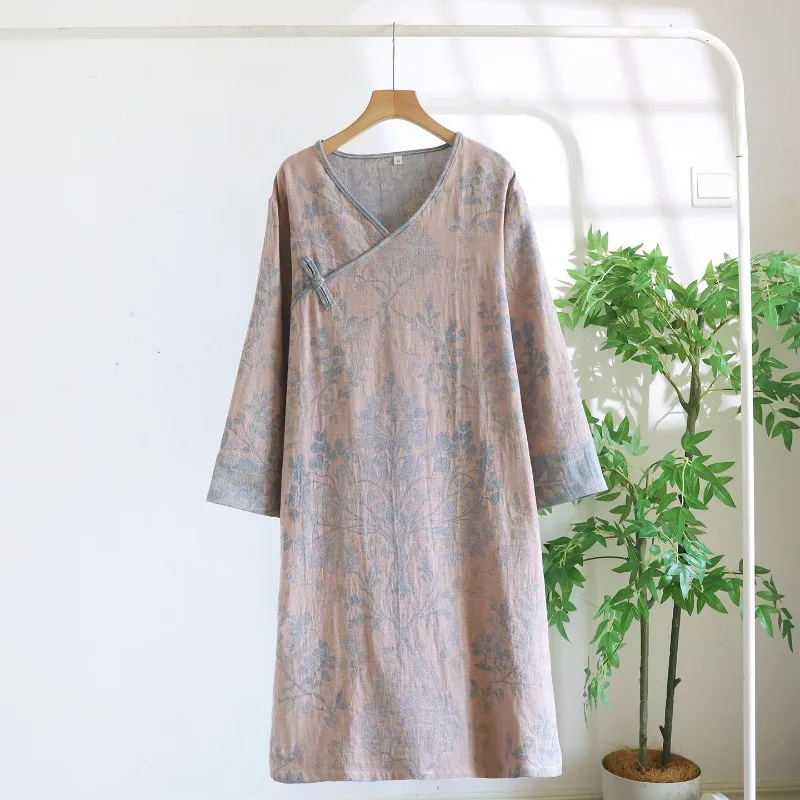 2026 New Spring And Autumn Sleeping Skirt 100% Cotton Gauze Retro Long Dress With Nine Sleeve Mid Length Home Dress Sleepwear view 2
