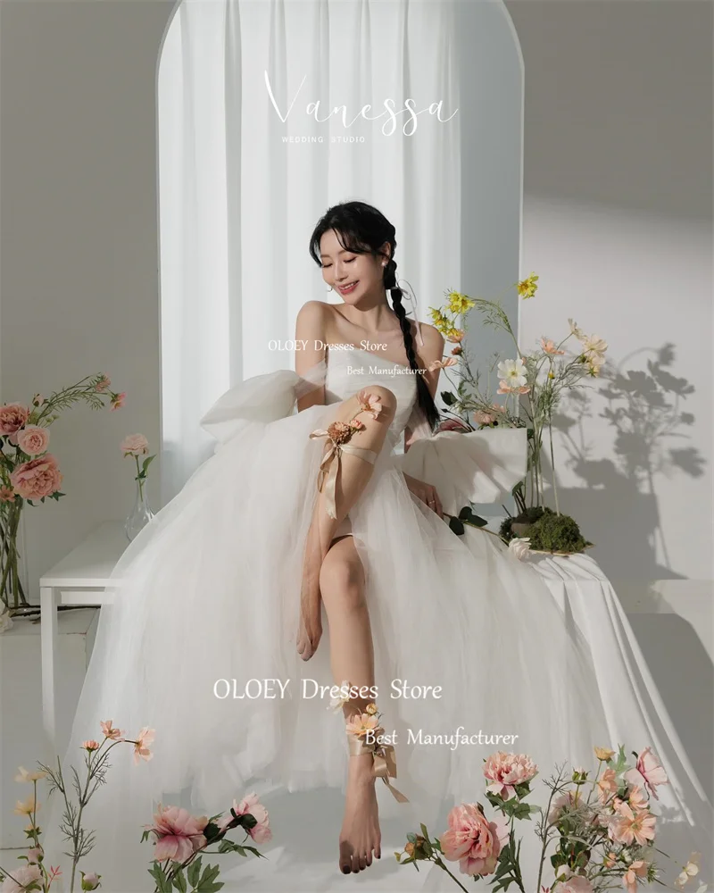 OLOEY Princess Soft Tulle Short Front Long Back Wedding Dresses Korea Photoshoot Bowknot Sleeves Bridal Gowns Corset Back