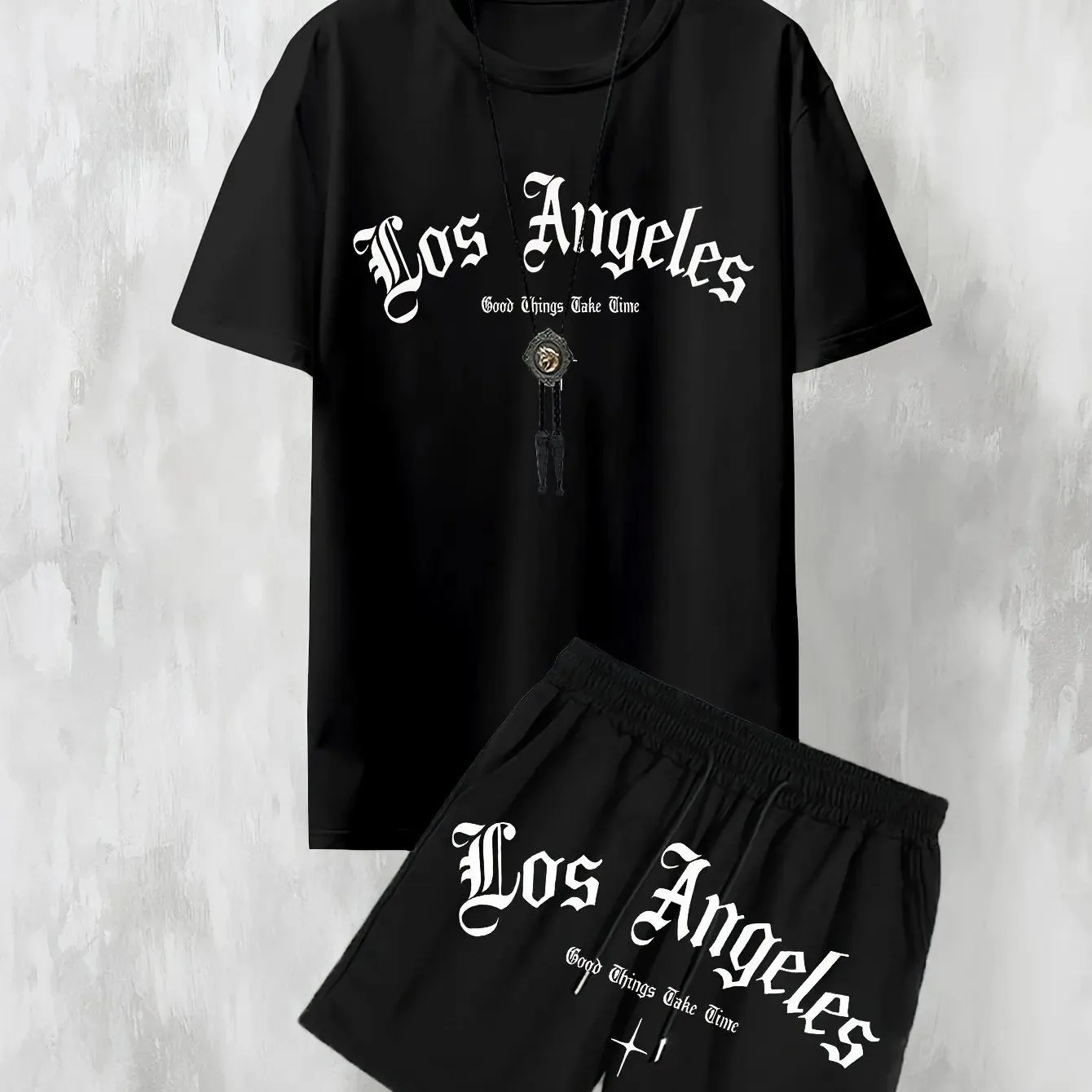 Los Angeles summer men's breathable and comfortable round neck T-shirt shorts set with letter print for outdoor leisure shopping