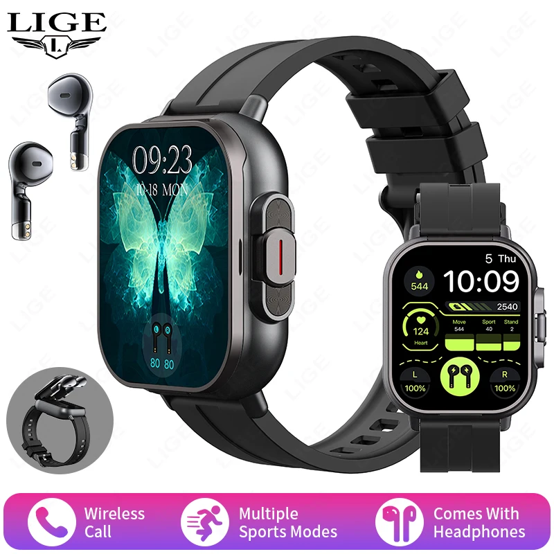 TWS 2-in-1 smartwatch-oortelefoon Sport Smart Watch Draadloos Bluetooth Bellen Gezondheidsmonitor Fitness Record-horloges met headset