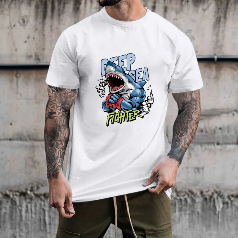Trendy Cartoon Boxing Shark Heat Transfer White Ink Iron - on Patch, Fun Pattern, Suitable for T - shirts/Canvas Bags, Casual