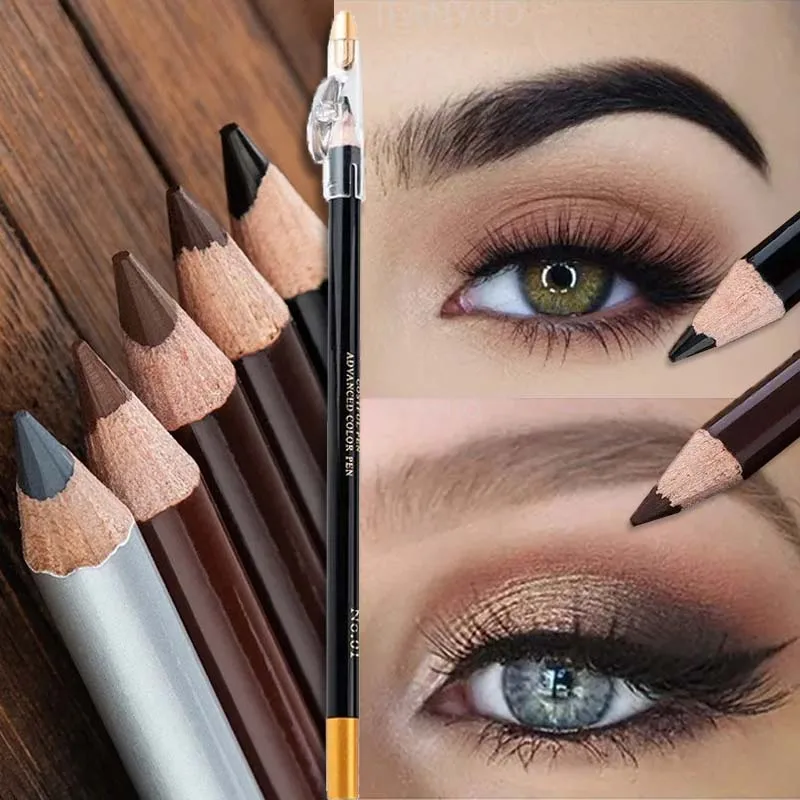 1 Stück Holz-Augenbrauenstift, wasserfest, langlebig, Augen-Make-up, Eyeliner, Augenbrauenstift, braun/schwarz, mit Spitzer, Schönheitskosmetik-Werkzeug