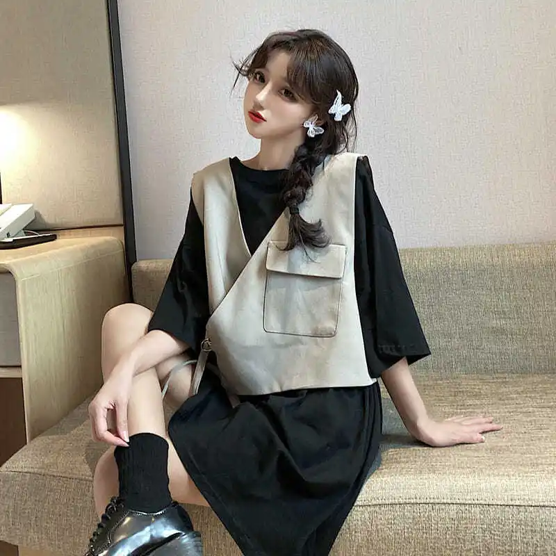 Summer Korean Version Women Clothing Solid O-neck Plus Size Casual Loose Short Sleeves Tops+Vestidos Tshirt Dresses 2 Pieces Set