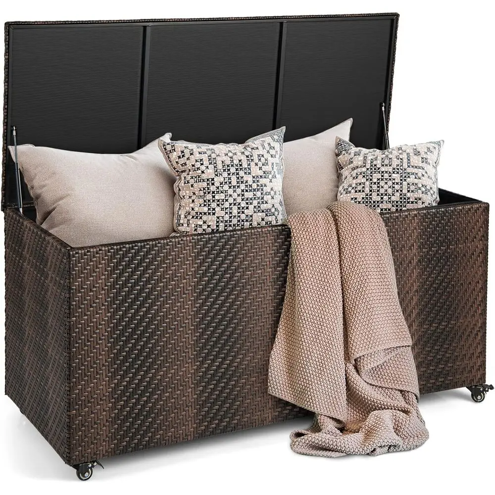 

Ящик для хранения на открытом воздухе — плетеный ящик из полиэтилена, 4 колеса, водонепроницаемый вкладыш, контейнер для хранения из ротанга для подушек для патио и садовых инструментов