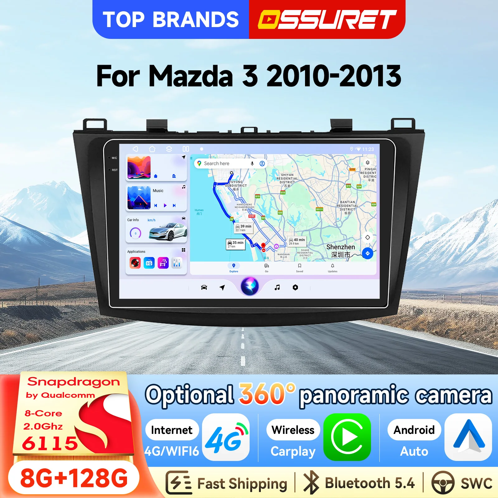 OSSURET Promotion : Autoradio 2 Din 9 Pouces Android 14 avec GPS pour Mazda 3 (2010-2013) – Unité Centrale Snapdragon 6115, CarPlay Sans Fil, Android Auto, Commandes au Volant, Octa Core, DSP Audio, 4G, WiFi, Lecteur Vidéo, Optionnel 360 °   Caméra Lecteur Multimédia de Voiture
