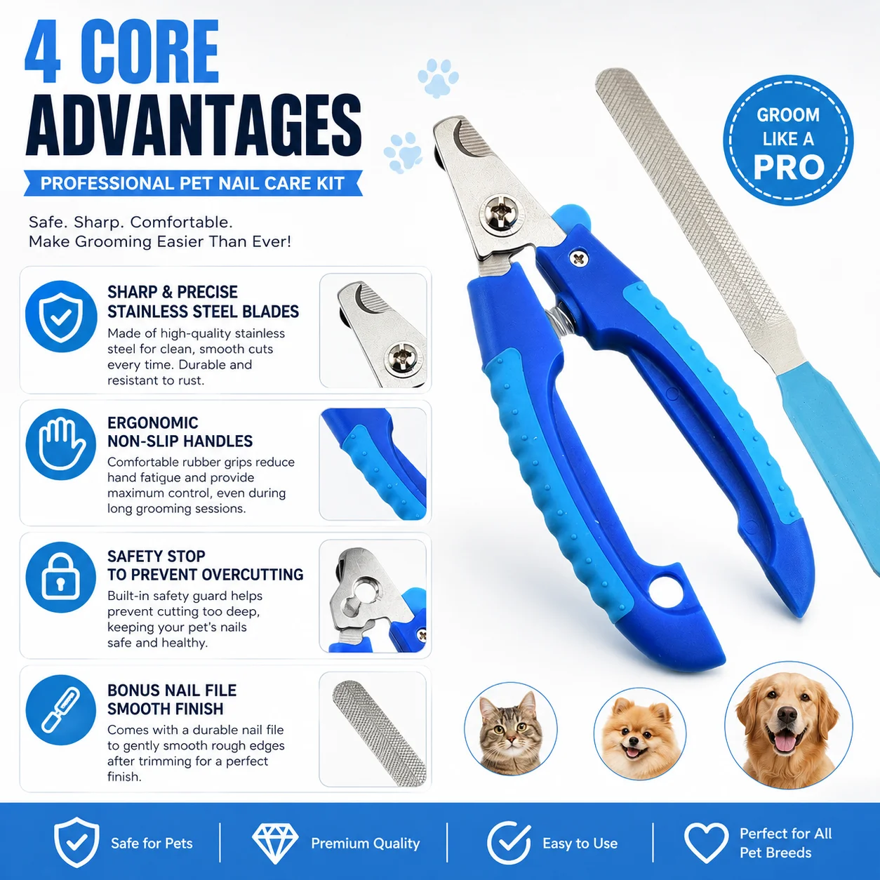Professional Pet Nail Clipper Set for Dogs and Cats Stainless Steel Nail Trimmer with Nail File Non Slip Handle Safe Grooming To