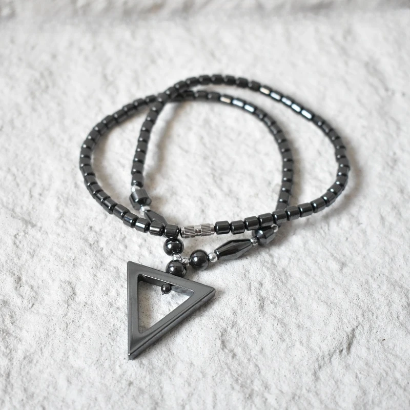 45cm Magnetic Hematite Tube Beads Triangle Pendant Necklace for Men, Energy Healing Health Gift