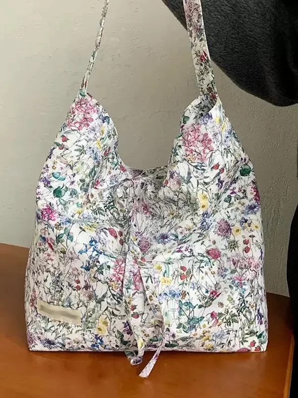レトロキャンバスホーボーバッグ女性用カジュアルシンプルスタイル通勤大容量シングルショルダーバッグ芸術的な花柄