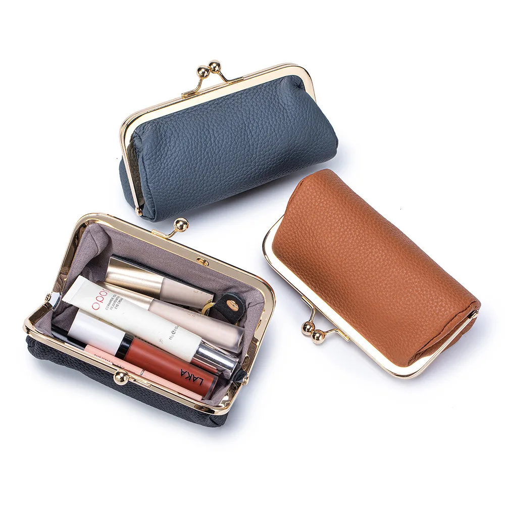 Genuine Leather Portable Lipstick Cosmetic Bag Cowhide Card Holder Storage Coin Purse Clutch Wallet Earphone Case For Women .