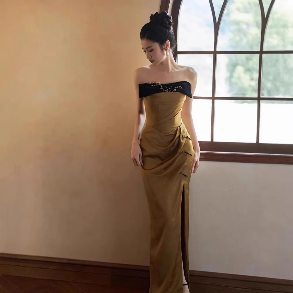 

Morning Gowns Female High-Grade New Chinese Style Tube Top Toast Clothing Niche Retro Slit Engagement Formal Dress