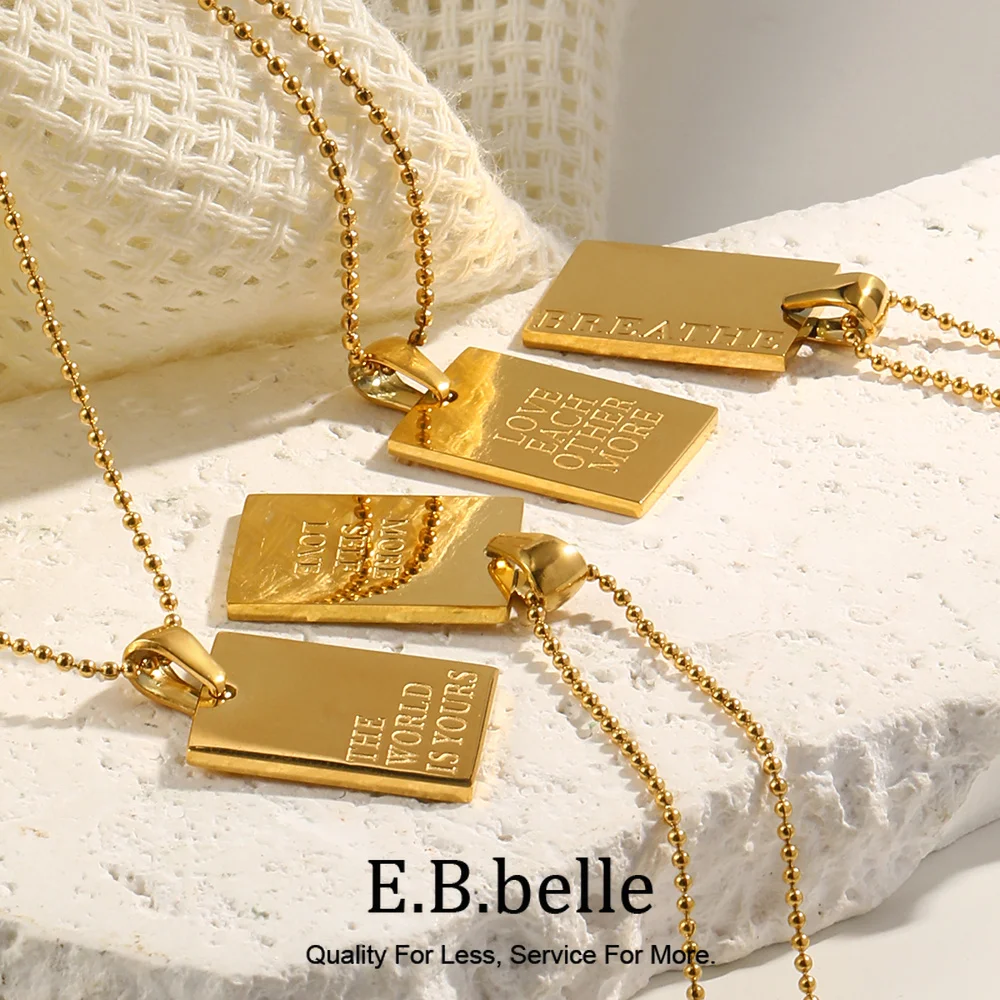 E.B.belle Stylish Hip Hop Personal Engraved Letter Square Pendant Necklace Beads Chain Stainless Steel Gold Color Necklace