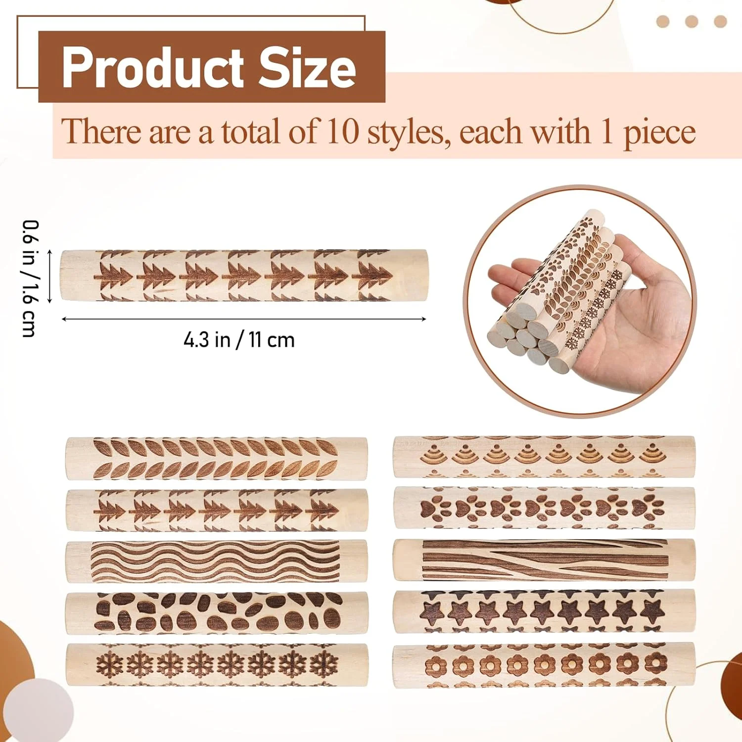 Wooden Clay Texture Rollers Set 10Pcs for Pottery Roller and Texture Tool Set with Stamps & Textured Rolling Pins for Ceramics