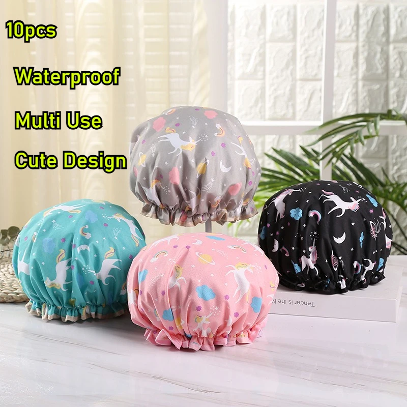 

Shower Cap Double Layer Waterproof Bath Hair Cover Make Up Clean Household Adult Shower Hair Bonnet Kitchen Oil Smoke Proof Cap